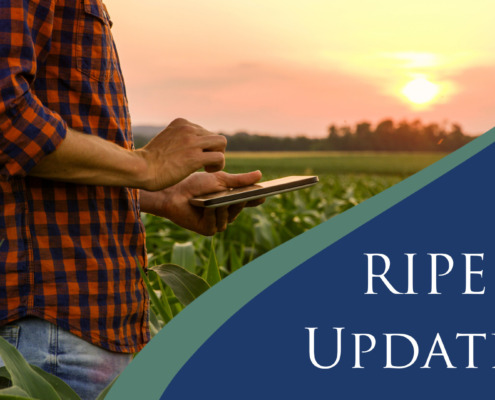 A farmer in a field with a blue shape and the words "RIPE Updates" on top.