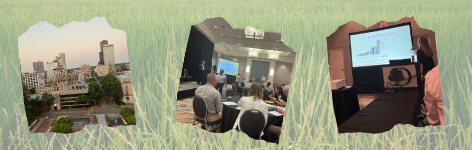 Collage from RIPE's trip to Arkansas. From left: a picture of the Little Rock skyline, a snapshot from inside the opening speech at the Alliance to Advance Climate-Smart Agriculture summit, and a picture of RIPE's research presented at the summit.