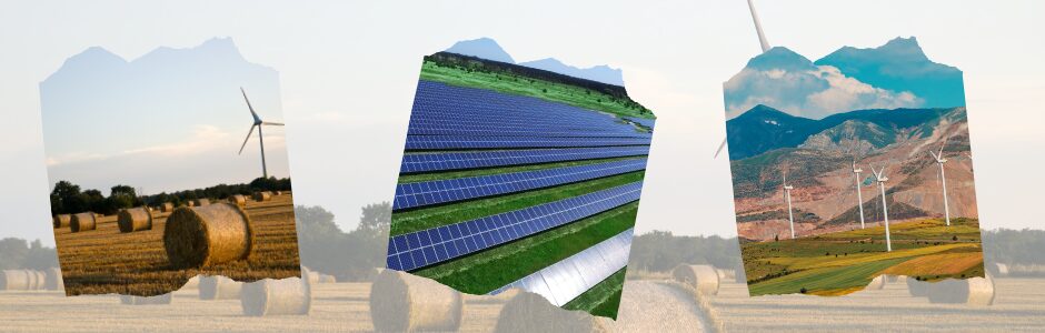 A collage with images of solar panels and wind turbines on agricultural land.